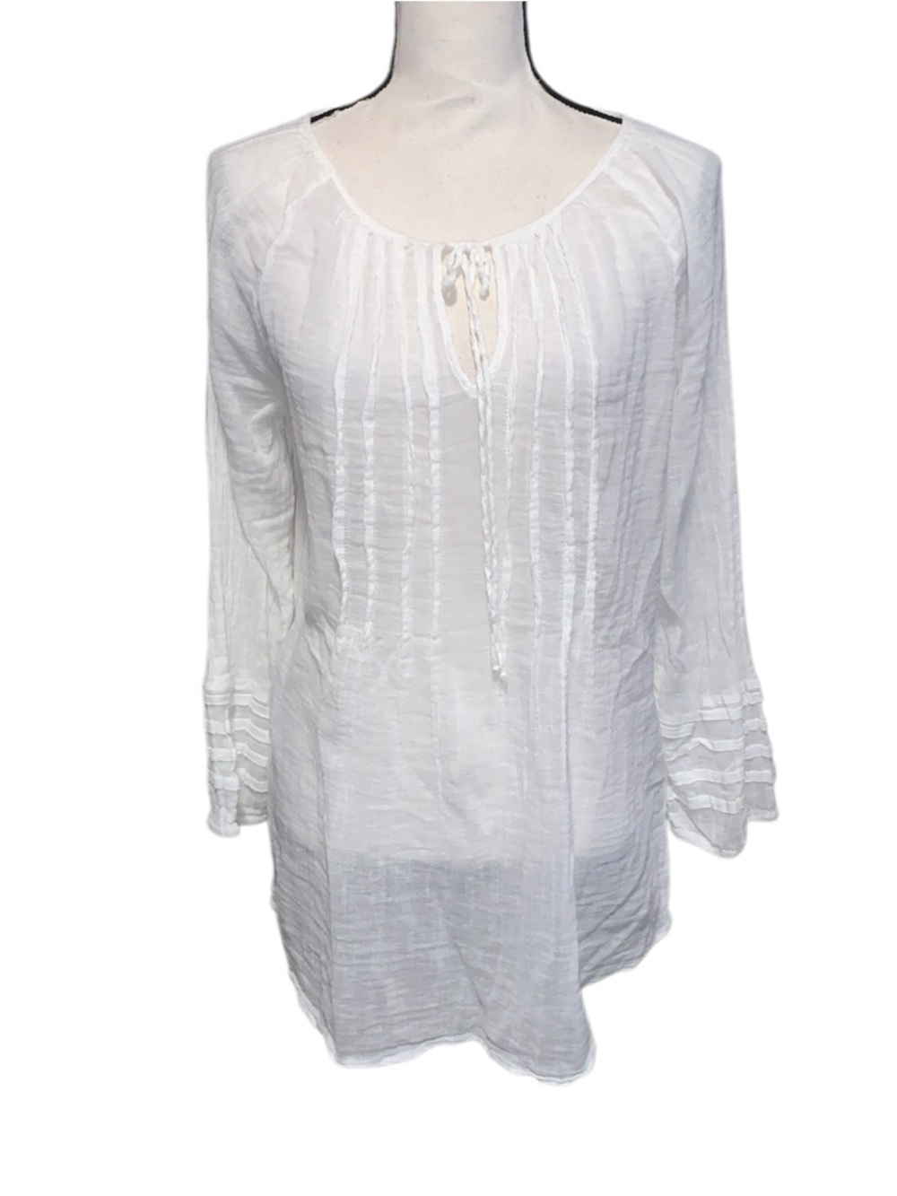 Sundance Women's White Gauze Sheer Peasant Long Sleeve Blouse Keyhole